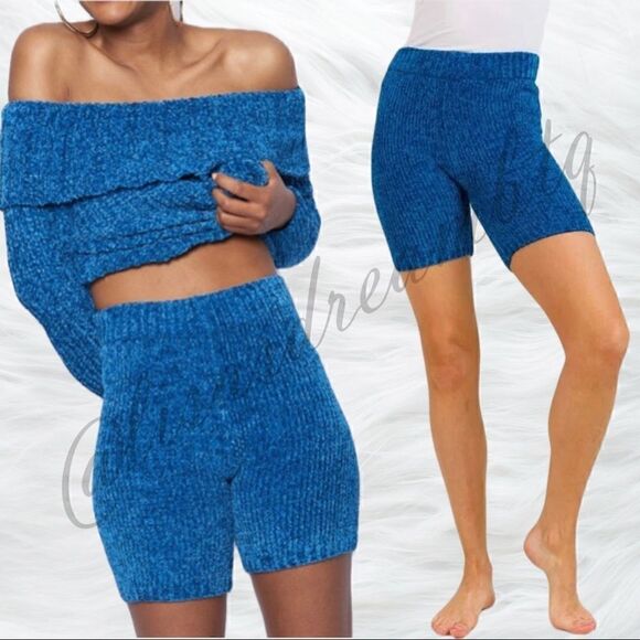 Blue Fuzzy Sweater Knit Malibu Bike Shorts - Picture 1 of 13